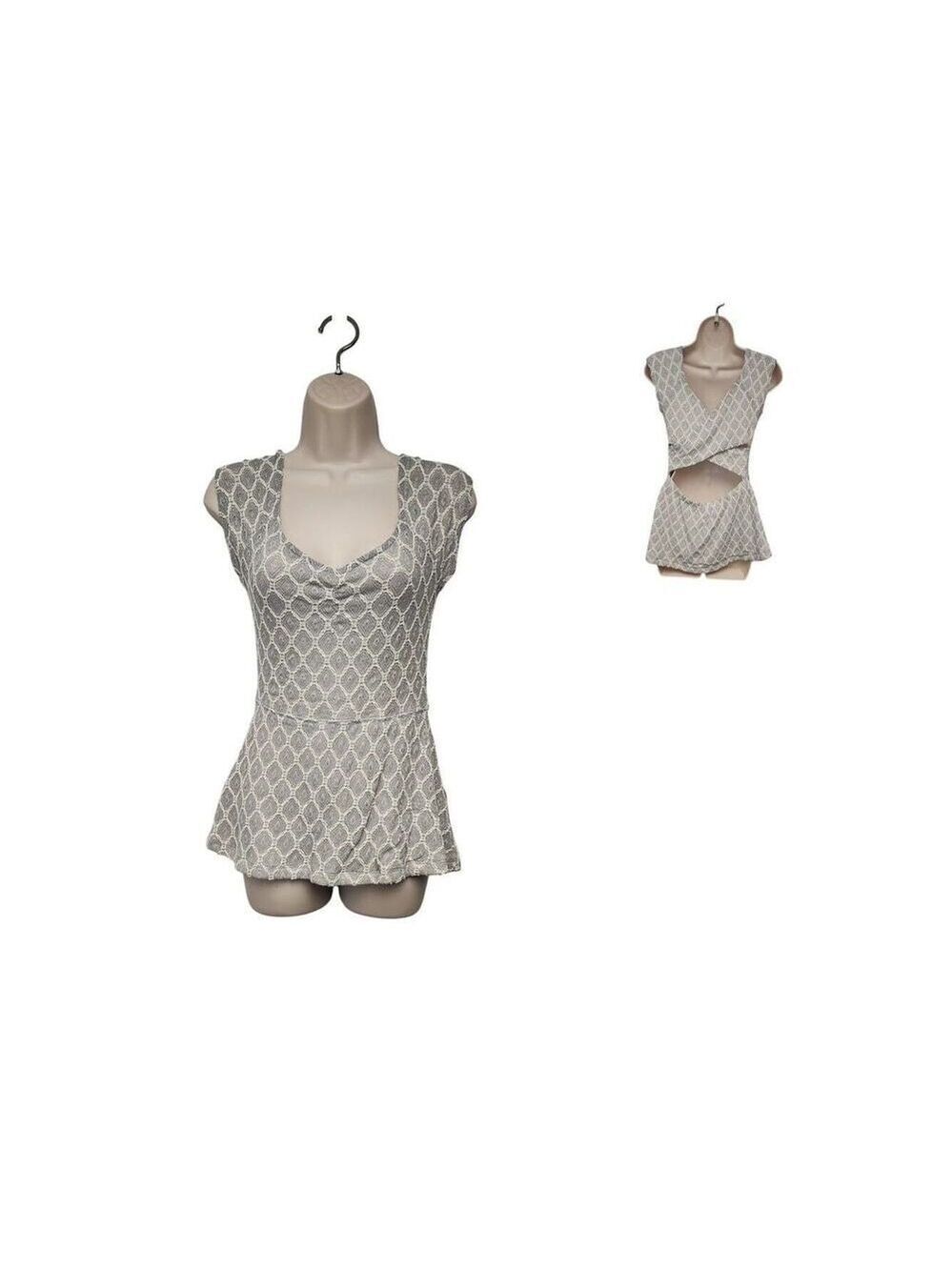 Anthropologie Delatta Criss Cross Cutout Back Lace Blouse Size M Gray/Cream